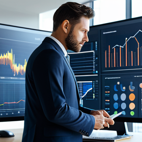 A focused business professional, mid-career, reviewing abstract data visualizations and charts on a large, interactive digital display. The professional is wearing a smart, modest business suit, fully clothed, and is in professional dress. The setting is a sleek, minimalist desk in a modern, sunlit office. The background is clean and slightly blurred, suggesting a high-tech environment. safe for work, appropriate content, fully clothed, professional, perfect anatomy, correct proportions, natural pose, well-formed hands, proper finger count, natural body proportions, high-quality photography, professional lighting, realistic rendering.