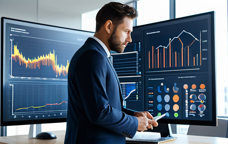 A focused business professional, mid-career, reviewing abstract data visualizations and charts on a large, interactive digital display. The professional is wearing a smart, modest business suit, fully clothed, and is in professional dress. The setting is a sleek, minimalist desk in a modern, sunlit office. The background is clean and slightly blurred, suggesting a high-tech environment. safe for work, appropriate content, fully clothed, professional, perfect anatomy, correct proportions, natural pose, well-formed hands, proper finger count, natural body proportions, high-quality photography, professional lighting, realistic rendering.