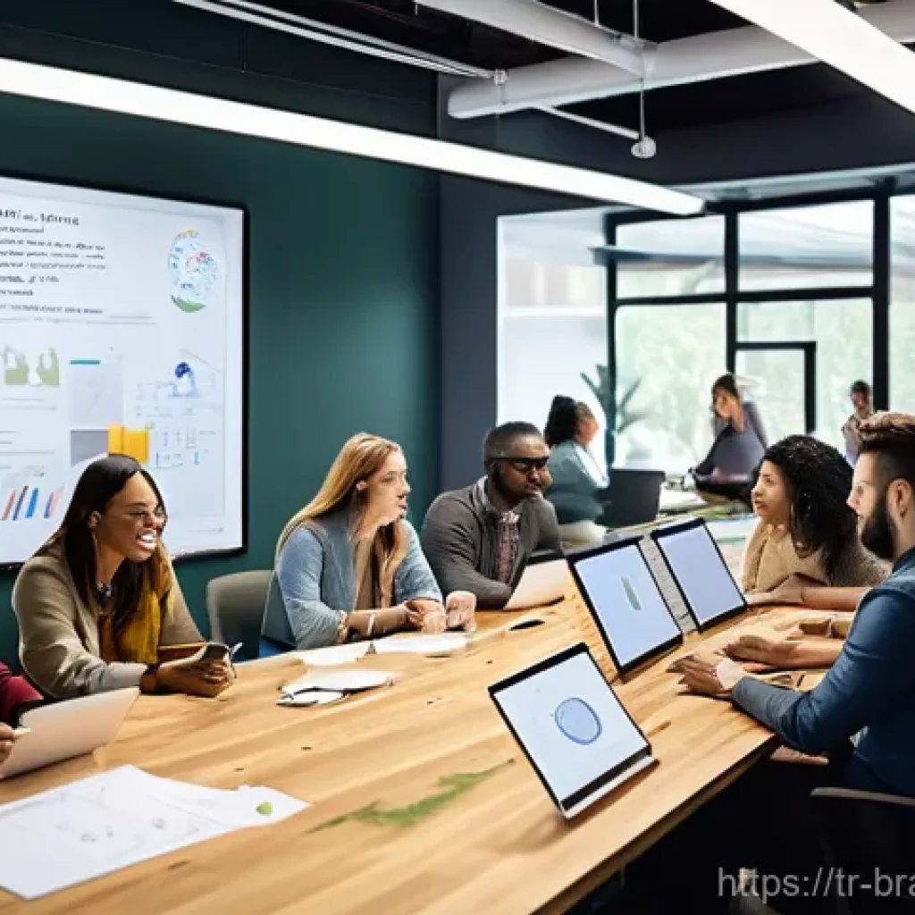 브랜드 가치 제안을 효과적으로 전달하기 - **Prompt:** A diverse group of marketing and design professionals, aged 28-45, are actively collabor...