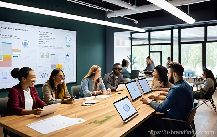 브랜드 가치 제안을 효과적으로 전달하기 - **Prompt:** A diverse group of marketing and design professionals, aged 28-45, are actively collabor...