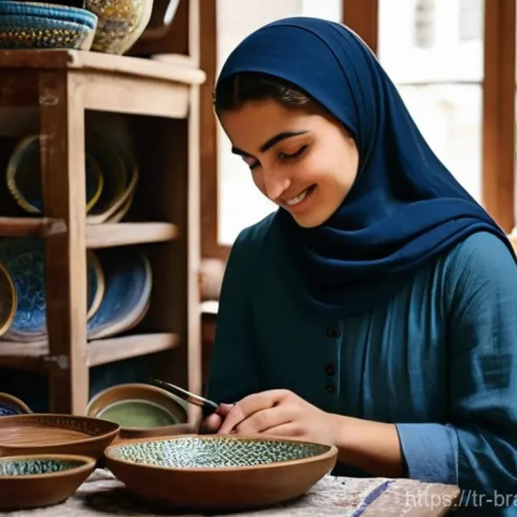 브랜드 인지도 향상을 위한 광고 전략 - **Prompt:** A heartwarming and authentic scene of a young Turkish female artisan, in her late 20s, w...