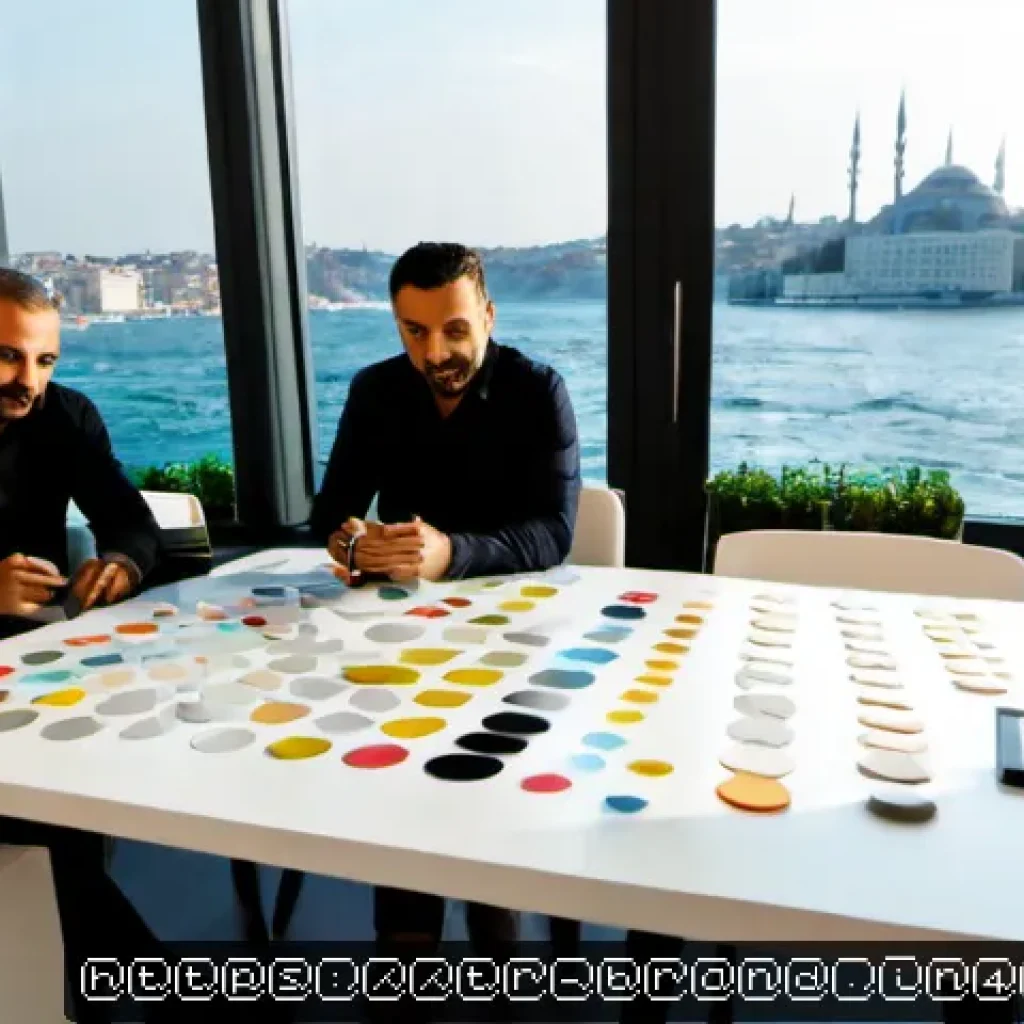 브랜딩 전략을 위한 효과적인 경쟁 분석 도구 - Photorealistic branding strategy workshop in a modern Istanbul creative agency, diverse Turkish mark...