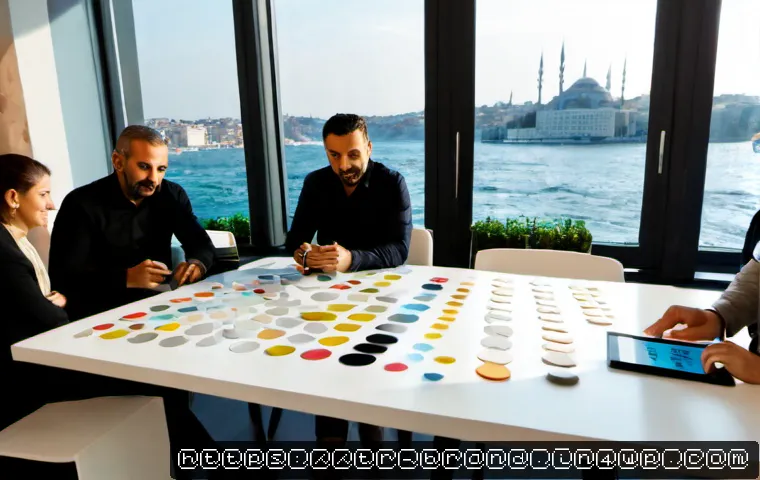 브랜딩 전략을 위한 효과적인 경쟁 분석 도구 - Photorealistic branding strategy workshop in a modern Istanbul creative agency, diverse Turkish mark...