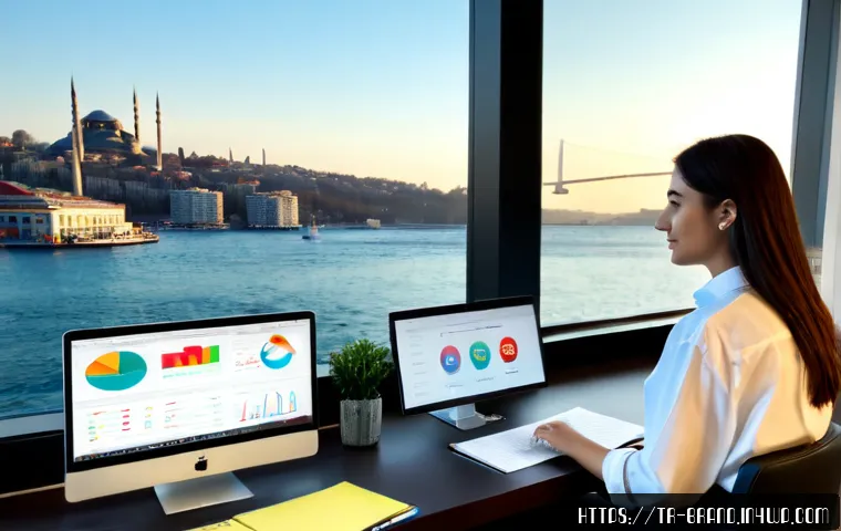 Home 17 브랜드의 소셜 미디어 존재감 측정하기 - Photorealistic modern marketing workspace in Istanbul, Turkish business professional reviewing socia...